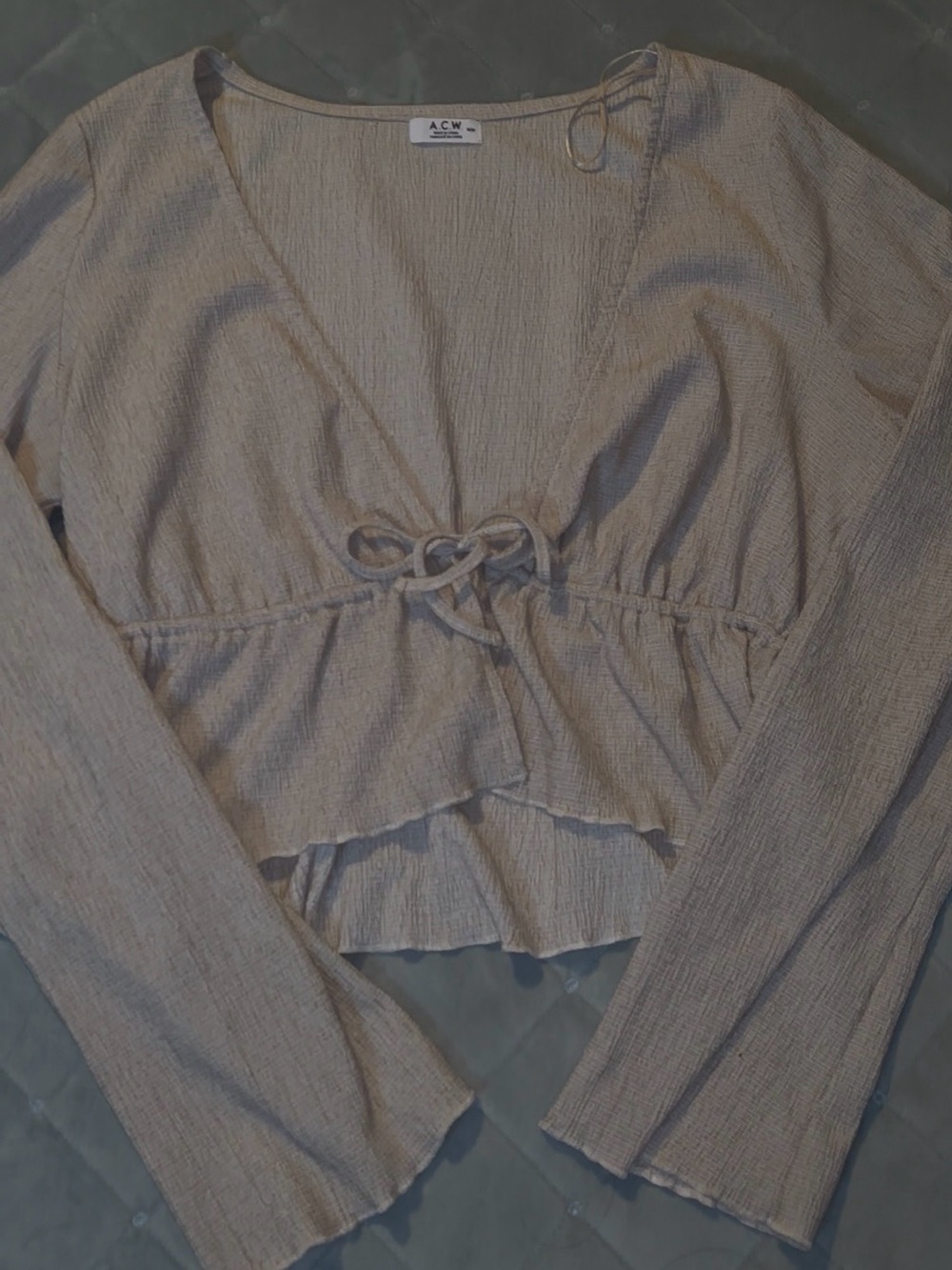A.C.W. Taupe Textured Tie-Front Long Sleeve Top